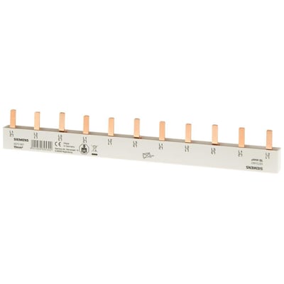 Siemens PIN-skinne 5ST3 667 med 10 mm² tværsnit og 11 kobberstik på hvid baggrund.
