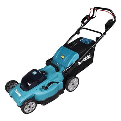 Makita DLM481PT2 plæneklipper set fra siden og ovenpå, fremhæver det turkise plastskjold, den store græsopsamler og justeringshåndtagene.