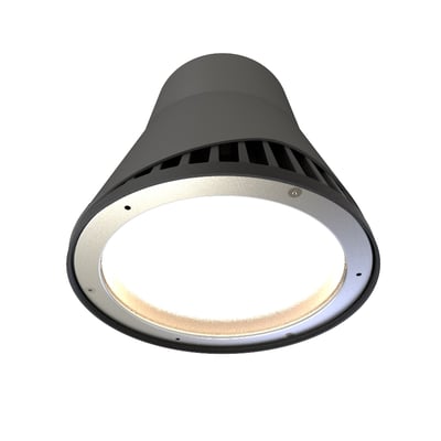Underside af Ansell Lighting Deco HB2 PC pendel med kraftigt lys og detaljeret refraktor, monteringsskruer synlige.