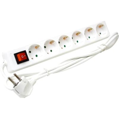 Hvid stikdåse med 6 Schuko udtag, jordforbindelse, rød afbryder og 1,4 meter ledning.