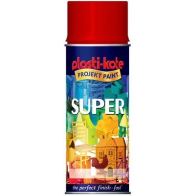 Borup Super Spraymaling i postrød 3020, 400 ml dåse med "Plasti-kote Projekt Paint" logo og grafiske elementer af malede objekter.