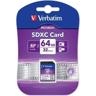 Verbatim SDXC memorykort på 64GB i Premium-serie, emballeret i lilla og blå blisterpakning med synlig enhed.
