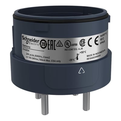 Detaljeret billede af Schneider Electric XVU-lystårn, mørkegrå, med mærkat der viser Harmony XVUZ04, tekniske specifikationer og godkendelser.