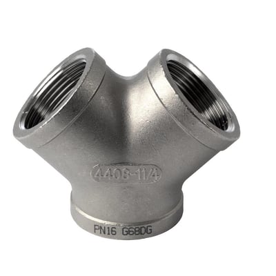 Syrefast Y-stykke i rustfrit stål med tre 1 1/4" BSPP gevind, udvendig diameter 52mm, markeret PN16 G68DG og 4408-1/4.