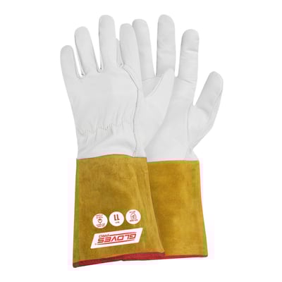 GlovesPro MIG Plus svejsehandsker i str. 12, lavet af hvidt gedeskind med gullig oksespaltkrave og synlige certificeringssymboler.