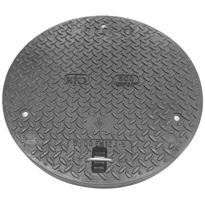 NID dæksel i komposit med 600 mm diameter, D400 EN124-5 godkendelse og praktisk fjederlås.