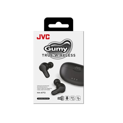 JVC Gumy True Wireless Earbuds, HA-A7T2, præsenteret i sort emballage med produktillustrationer og tekniske symboler.