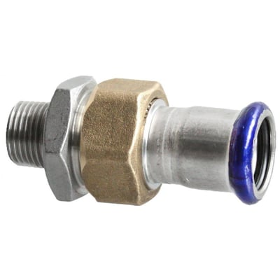 Unico rustfri union med messingomløber, udvendigt gevind på 3/4" og 22mm pressmuffe med blå EPDM O-ring.