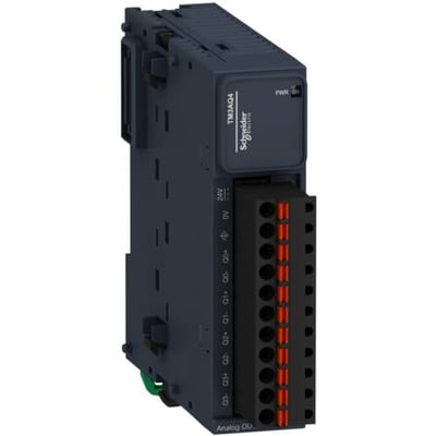 Schneider Electric Modicon TM3 analog udgangsmodul med 4 kanaler, type TM3AQ4, med fjederklemmer og 24V DC mærkning.