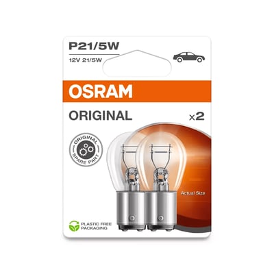 OSRAM ORIGINAL P21/5W signalpærer i pakke med 2 stk. til 12V og BAY15D sokkel, viser de to pærer i gennemsigtig emballage.