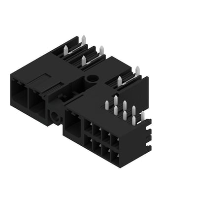 Weidmüller-hybridstik til printplade med tre poler og 7,62 mm afstand, set skråt ovenfra med synlige metalstifter.