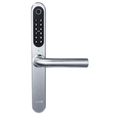 Zafe T-Lock Scandi er en smal dørlås på 39 mm med fysiske knapper og rustfrit udtryk, vist forfra med greb.