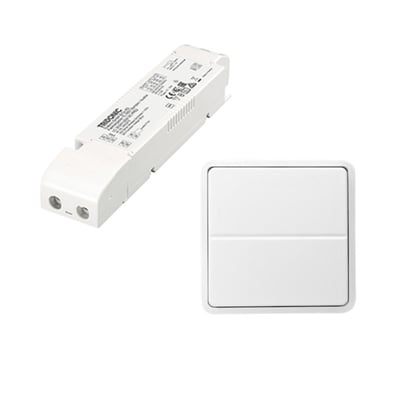 Jumitech trådløs LED-driver på 35W til 24V LED, sammen med et hvidt trådløst 2-tryks kontrolpanel på isoleret hvid baggrund.