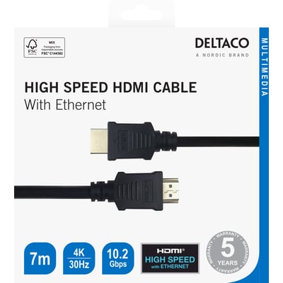 Emballage med Deltaco sort 7 meter HDMI-kabel, HDMI-stik og markeringer for 4K, 30 Hz og Ethernet.