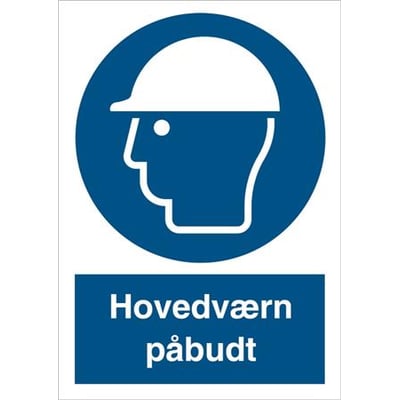 Skilt med påbud om hovedværn, symbol af person med hjelm og tekst "Hovedværn påbudt" på blå baggrund.