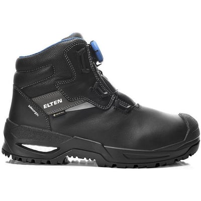 Elten sikkerhedsstøvle Stefano BOA S3 i sort okselæder med blå detaljer og BOA Fit System. Støvlen har Gore-Tex og Infinergy mærke på siden.