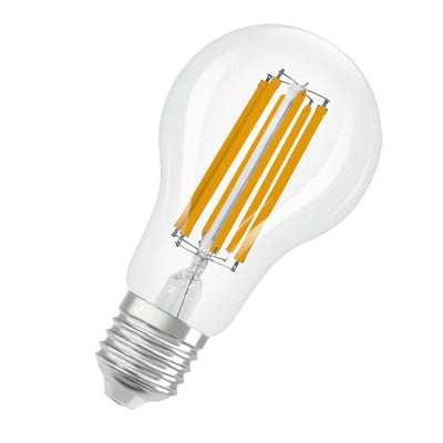 LEDVANCE dæmpbar LED-filamentpære i standardform med synlige orange filamenter og E27-sokkel.