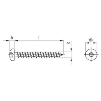 Teknisk tegning af spånskrue i A4 rustfrit stål med PH-kærv, 4,0x25 mm, viser dimensioner k, l, p og dk.