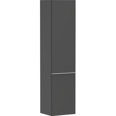 Detaljeret gengivelse af Hansgrohe Xelu Q højskabet i mat diamantgrå med et slankt sølvfarvet greb på den nederste låge.