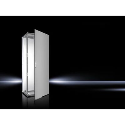 Rittal VX25 gulvskab i rustfrit stål, 1200x2000x600mm, med en dør delvist åben, vist på en mørk baggrund.