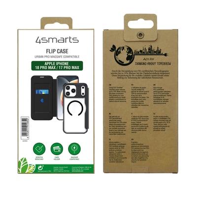 Emballagen til 4smarts Urban Pro flipcase viser det sorte cover til iPhone 18 Pro Max og 17 Pro Max.
