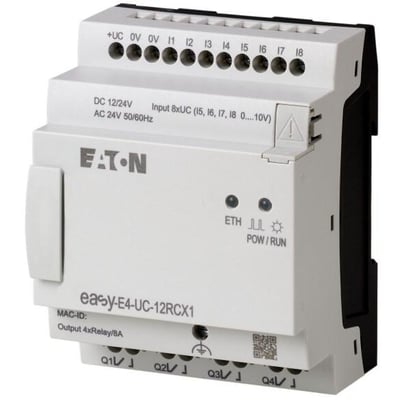 Eaton EASY-E4-UC-12RCX1 kontrolrelæ med Ethernet-port, tydeligt mærket med Eaton-logo og modelnavn.