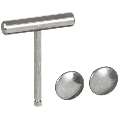 Lauritz Knudsen T-nøgle til måler- og flugtvejsskabe, lavet af metal og komplet med to runde låseknapper.