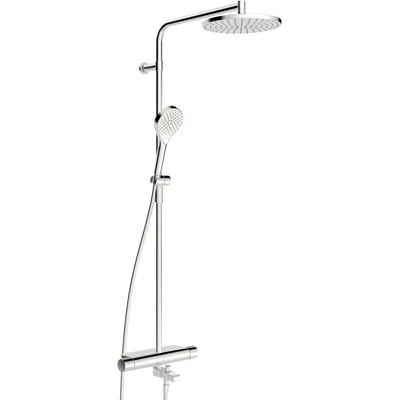 Oras Optima Style Rain kar- og brusearmatur i blank krom med termostat, rund hovedbruser, håndbruser og aftagelig tud.