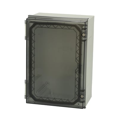 Fibox NEO PC 322215 T-kapsling, 320 × 220 × 150 mm, set forfra med mørkt transparent dæksel og låseskruer.