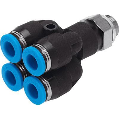 Festo multifordeler QSQ-G1/8-4 med fire blå udtag og en G1/8 gevindtilslutning i metal. Komponenten er sort med synlige metalringe.