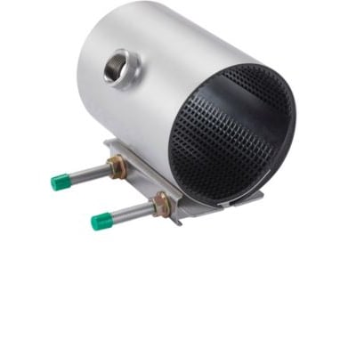 Romacon bandagemuffe i syrefast stål AISI316, 159-170 x 200 mm med 2" anboring og EPDM pakning, klar til rørreparation.