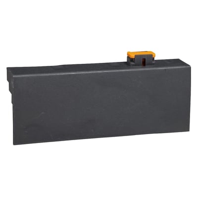 Schneider Electric klemmeafdækning til NG125 afbrydere, vist med en orange låsemekanisme og grå plast. Sættet indeholder to stk.