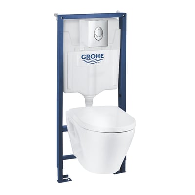Grohe Solido OEM Ceramic hængetoilet fremstillet af hvid keramik med en robust blå stålmonteringsramme og indbygningscisterne.