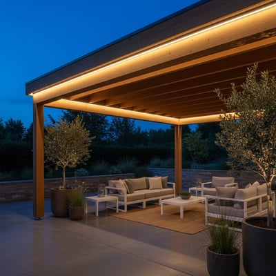 LEDlife vandtæt slim COB LED strip 5 meter, monteret under en terrasseoverdækning med varmt, neutralt hvidt lys om aftenen.