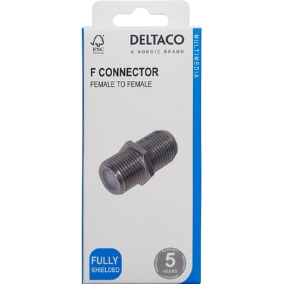 Deltaco F-connector hun-til-hun på emballagen, med stikforbindelsen afbildet på forsiden.