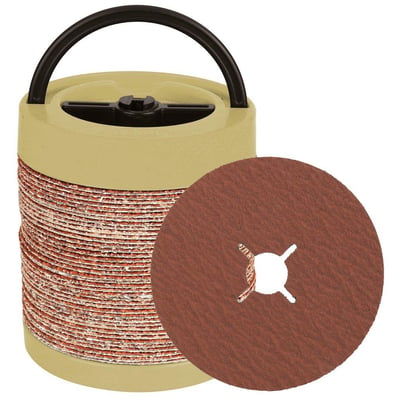 Tyrolit CERABOND X fiberskive 125x22mm med korn 60 P94 S4 i beige opbevaringsboks, med en fiberskive vist foran.