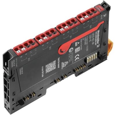 Weidmüller digital input modul UR20-4DI-2W-230V-AC med røde terminaler og grå kappe med mærkater og QR-kode.