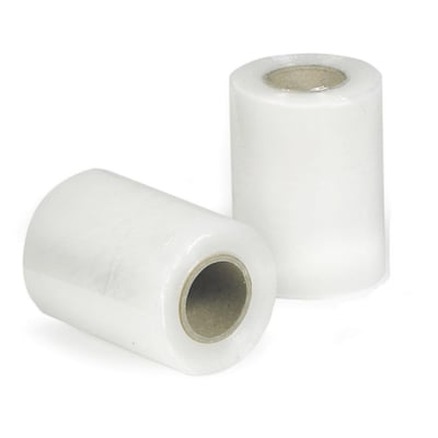 To ruller klar blæst strækfilm med en tykkelse på 20my og dimensioner på 100mm x 150m, placeret på en hvid baggrund.