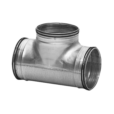 Centrisk Lindab T-rør TCPU 400-400, 90 grader, fremstillet af galvaniseret stål med præcise samlinger.