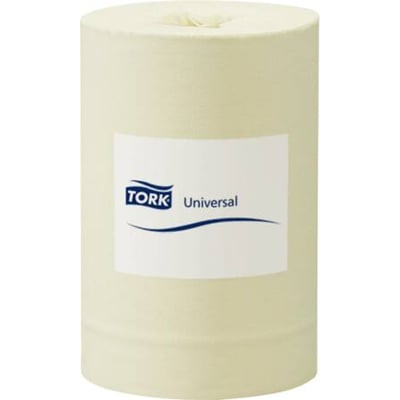 Tork Aftørringspapir Basic i gul farve, en stor rulle 20,5 cm bred og 115 meter lang, med Tork Universal logo.