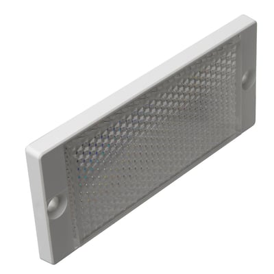 Carlo Gavazzi prismereflektor til fotoelektrisk sensor med facetteret refleksflade og monteringshuller, 55,3 x 126 x 9 mm.