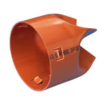 Orange PVC-drænslutmuffe fra Wavin med en ydre diameter på 160 mm og indre på 145 mm.