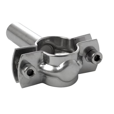 Rustfri rørholder til levnedsmiddelindustrien med rund klemme, to bolte og langt svejseskaft, A-mål 129 mm.