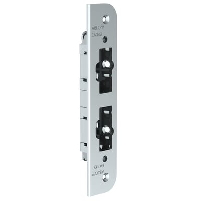 Assa Abloy EA342 sikkerhedsslutblik med lang sølvfarvet frontplade og to mørke låseåbninger, set skråt forfra.