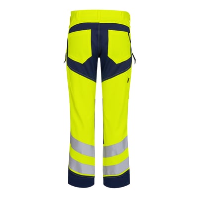 Bagfra af Engel stretch arbejdsbukser 2544 i High-Vis gul, str. 84, med mørkeblå baglommer og refleksbånd.