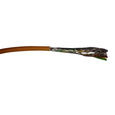 Afklippet endestykke af LIHCH multikabel med 3x0,75 brun CTS UV, der viser de indre farvede ledere og skærmning.
