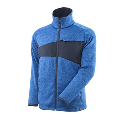 Mascot Accelerate striktrøje i azurblå med mørk marine detaljer og lynlåslommer, vist fra siden.