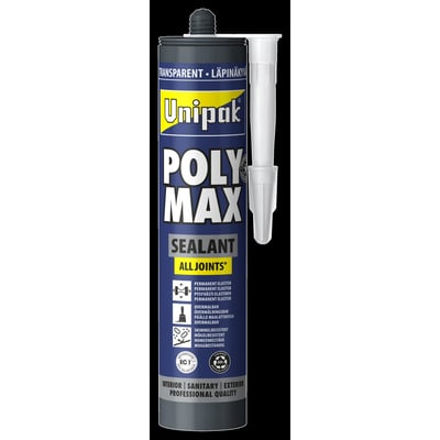 Unipak Poly Max Sealant transparent fugemasse på 300 g i mørk patron med hvid påsat dyse, set forfra.