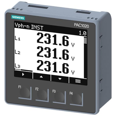 Nærbillede af Siemens SENTRON PAC1020 power monitoring device, der viser tre linjers spændingsmålinger på det digitale display.