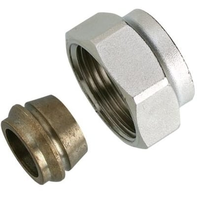 Danfoss klemringskoblingssæt 22 mm x 1" med sølvfarvet omløber og separat klemring vist ved siden af.